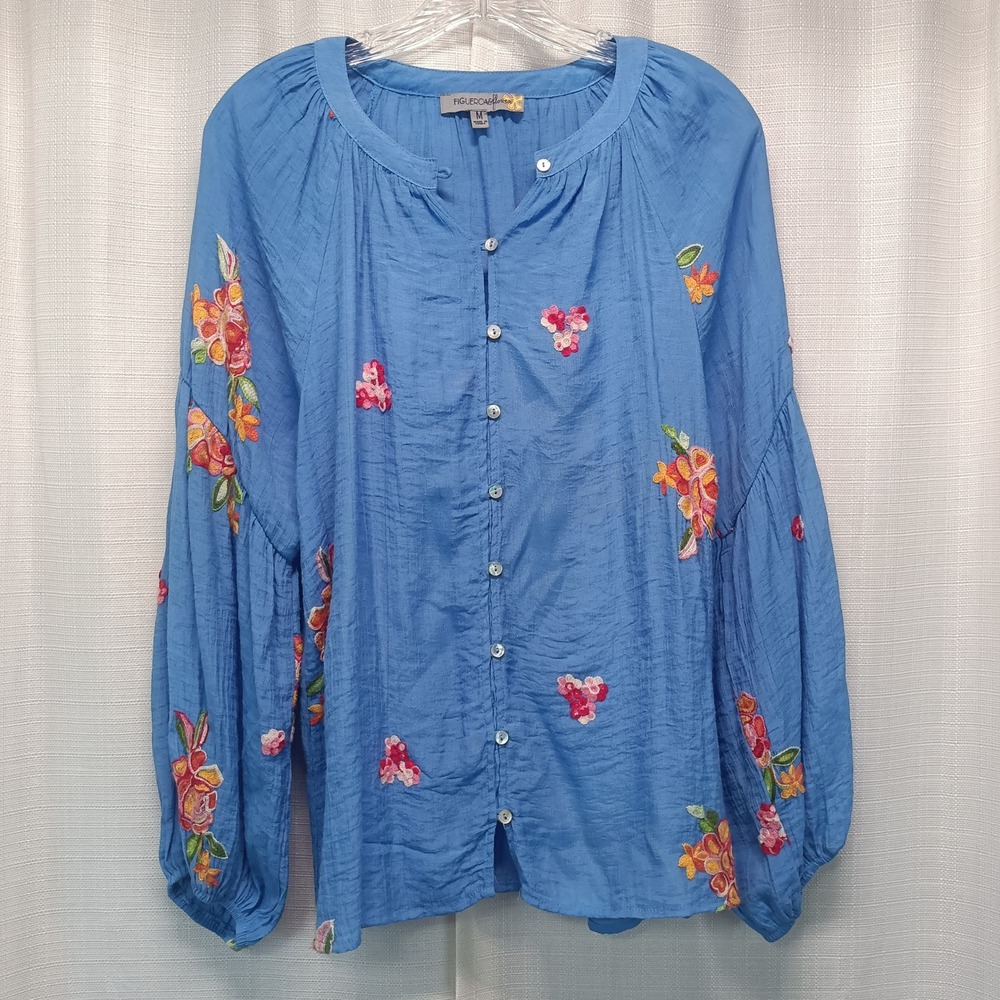 Figueroa & Flower Womens Blue Floral Embroidered Button Front Blouse Medium Boho